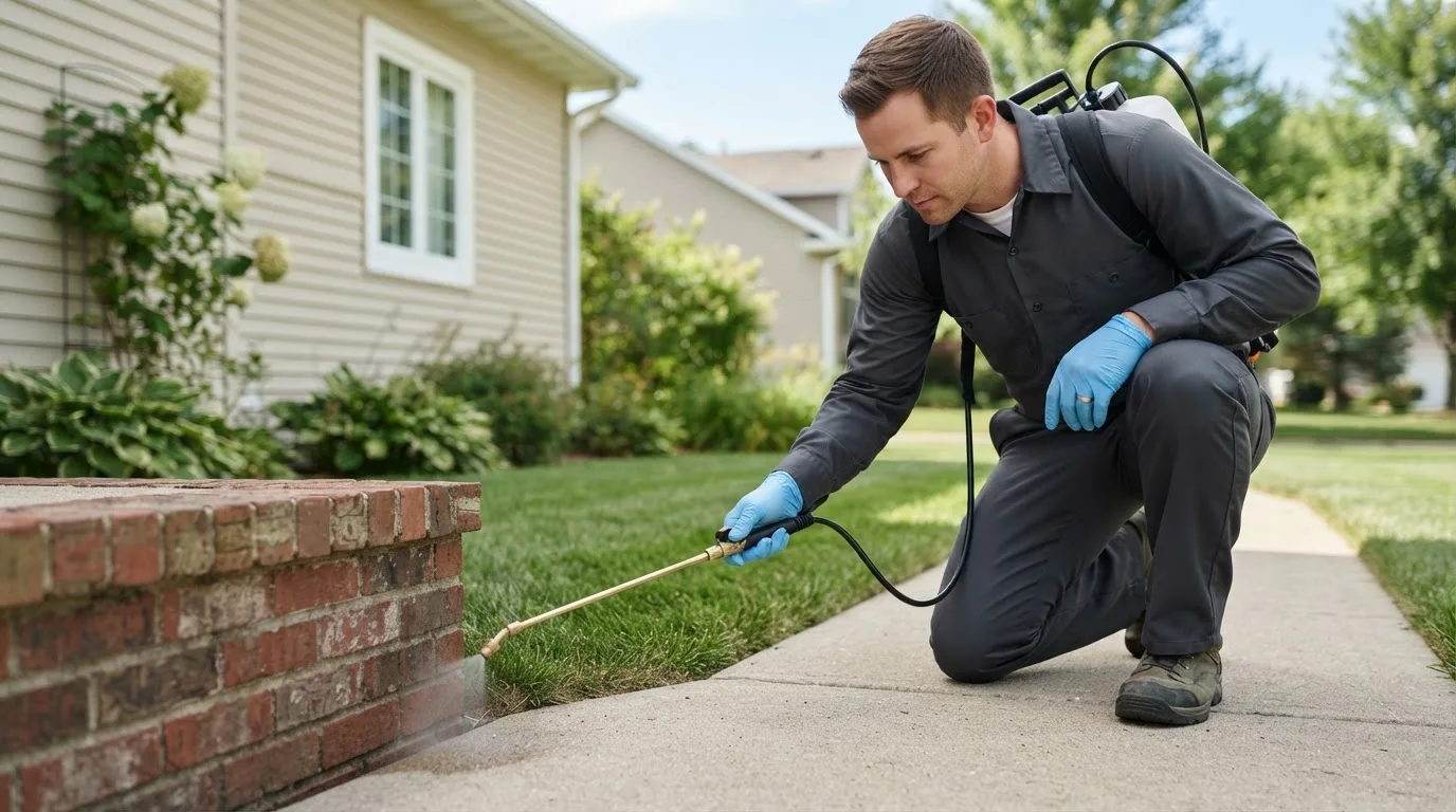 Pest control technician treating a home near Peebles, OH