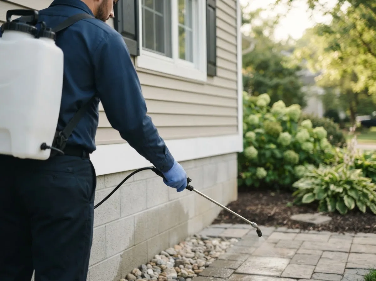 Pest control technician inspecting a home in Peebles, OH